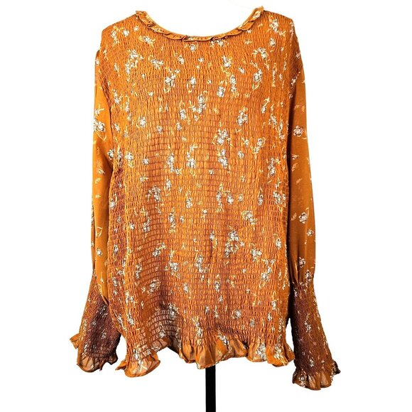 New Terra & Sky Plus Size 4X Long Sleeve Smocked Top Floral Print Mustard Yellow - Picture 3 of 12